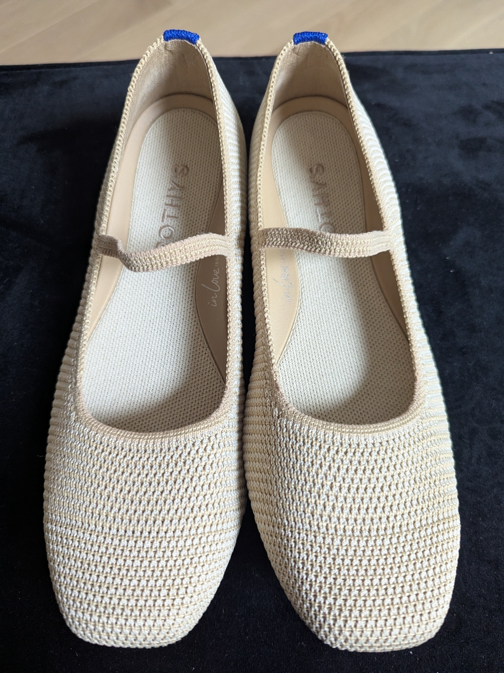 Rothy's Cream Knit Mary Jane Flats with Blue Heel Tab